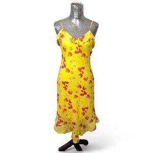 Vintage Y2K Chesley Yellow Floral Slip Midi Dress Small Cowl Neck Ruffle Hem
